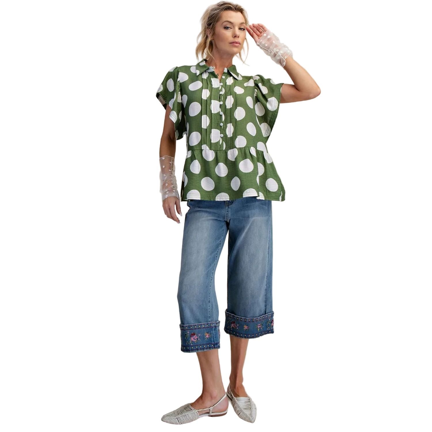 Women's Easel Green and White Polka Dot Button Down Ruffle Blouse ET29424