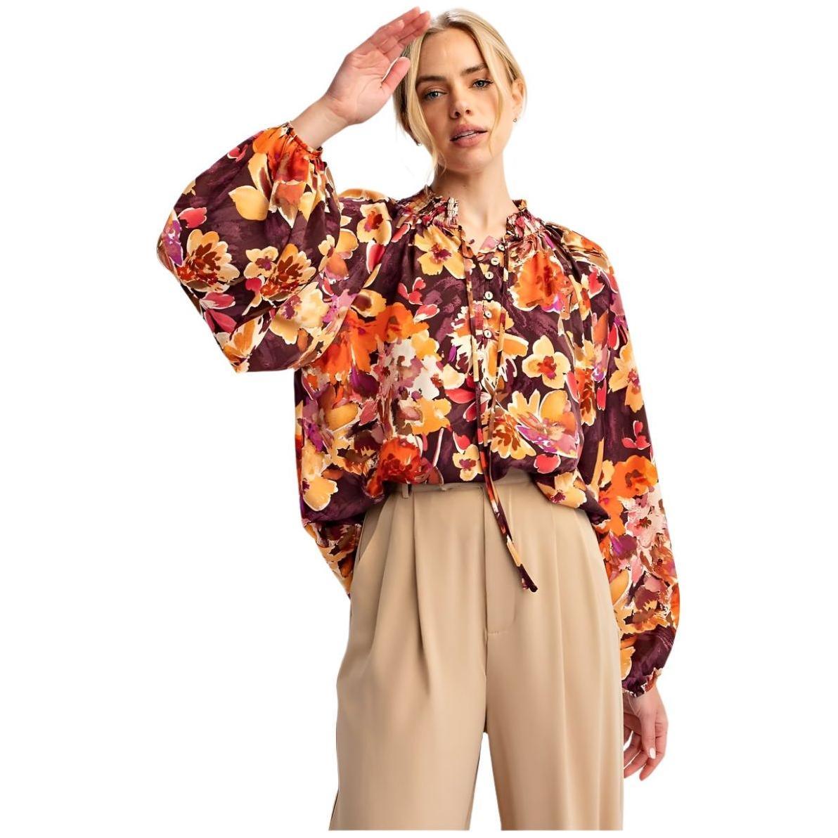 Women's Easel Floral Printed Mirabelle Satin Blouse ET70935 - Crazy House Western Wear