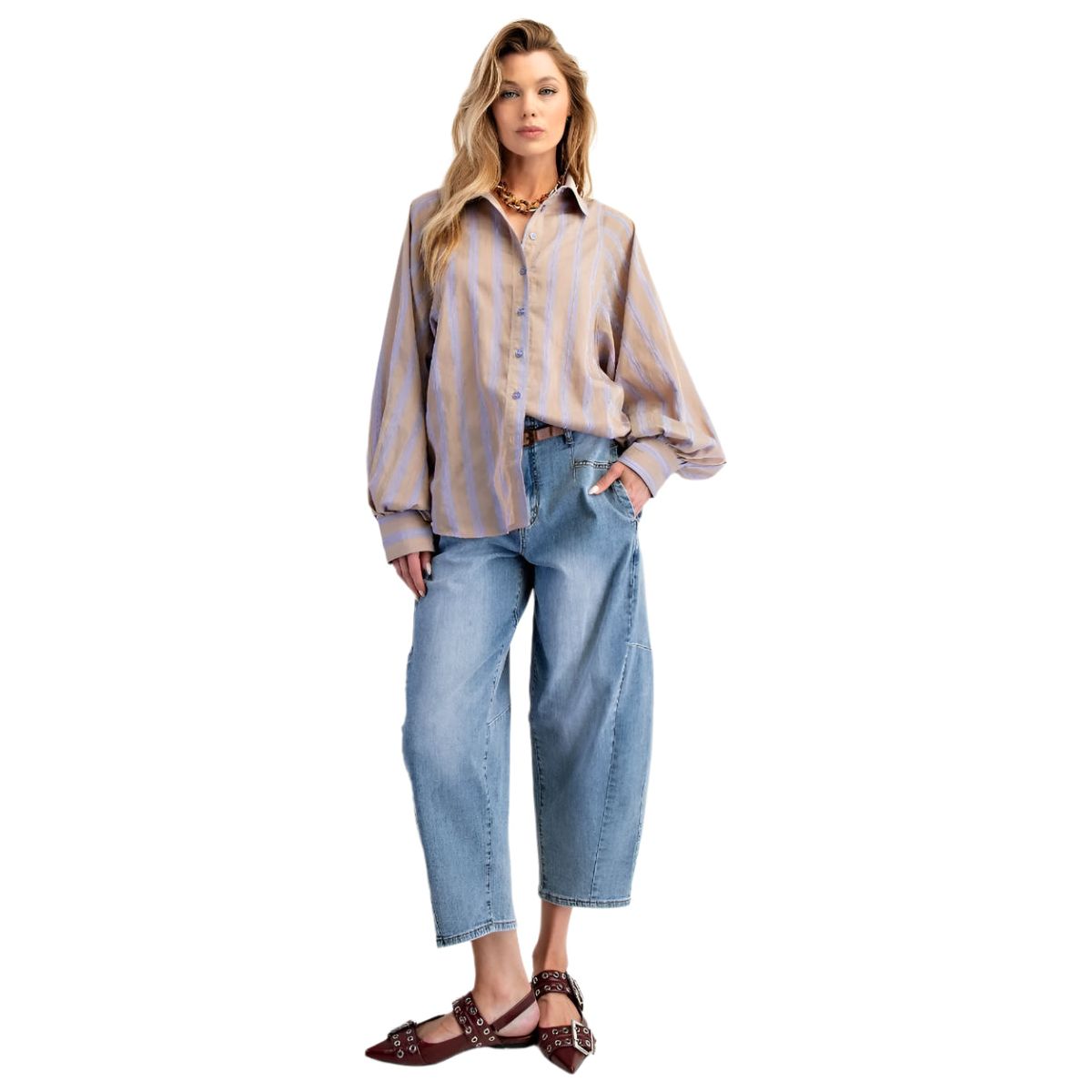 Women's Easel Long Balloon Sleeve Button Up Shirt ET71734 - Crazy House Western Wear