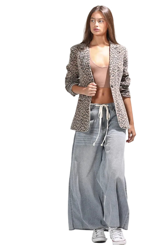 Women's Tan Leopard Print Single Button Casual Denim Blazer