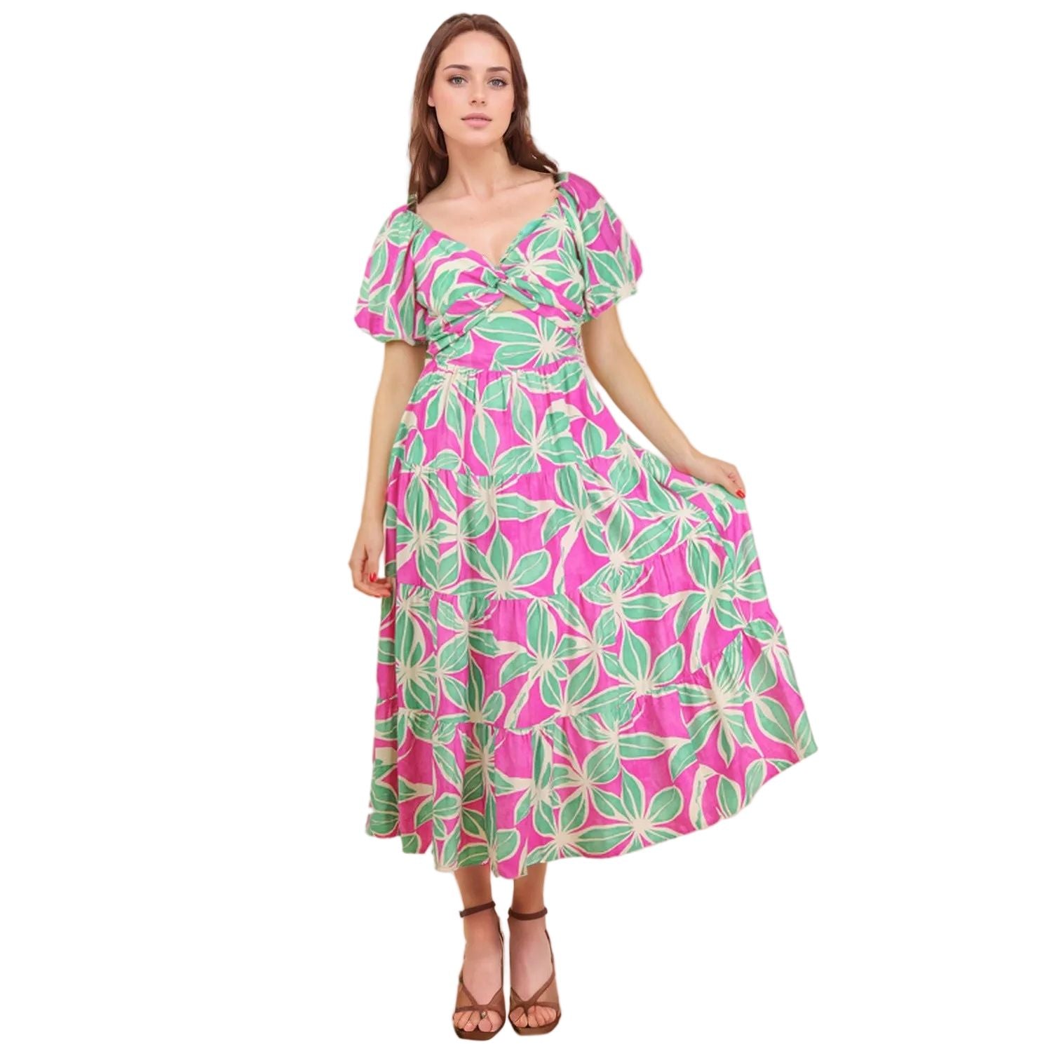 Women's Pink Floral Printed Puff Sleeve Resort Midi Dress ND32046 L Women's Pink Floral Printed Puff Sleeve Resort Midi Dress ND32046 L