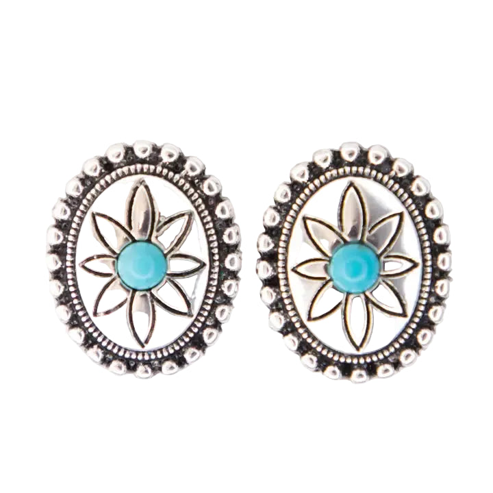 Women's West & Co .75" Silver Oval Flower Concho Post Earrings E1412