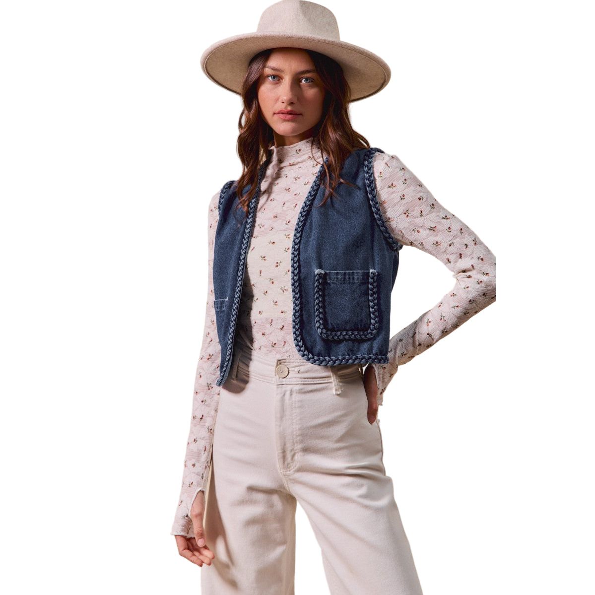 Women's Front Pockets Braided Trim Denim Vest ST3097E-01
