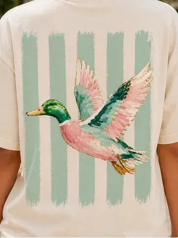 Women's Short Sleeve Pastel Flying Duck Stripes Graphic T-shirt