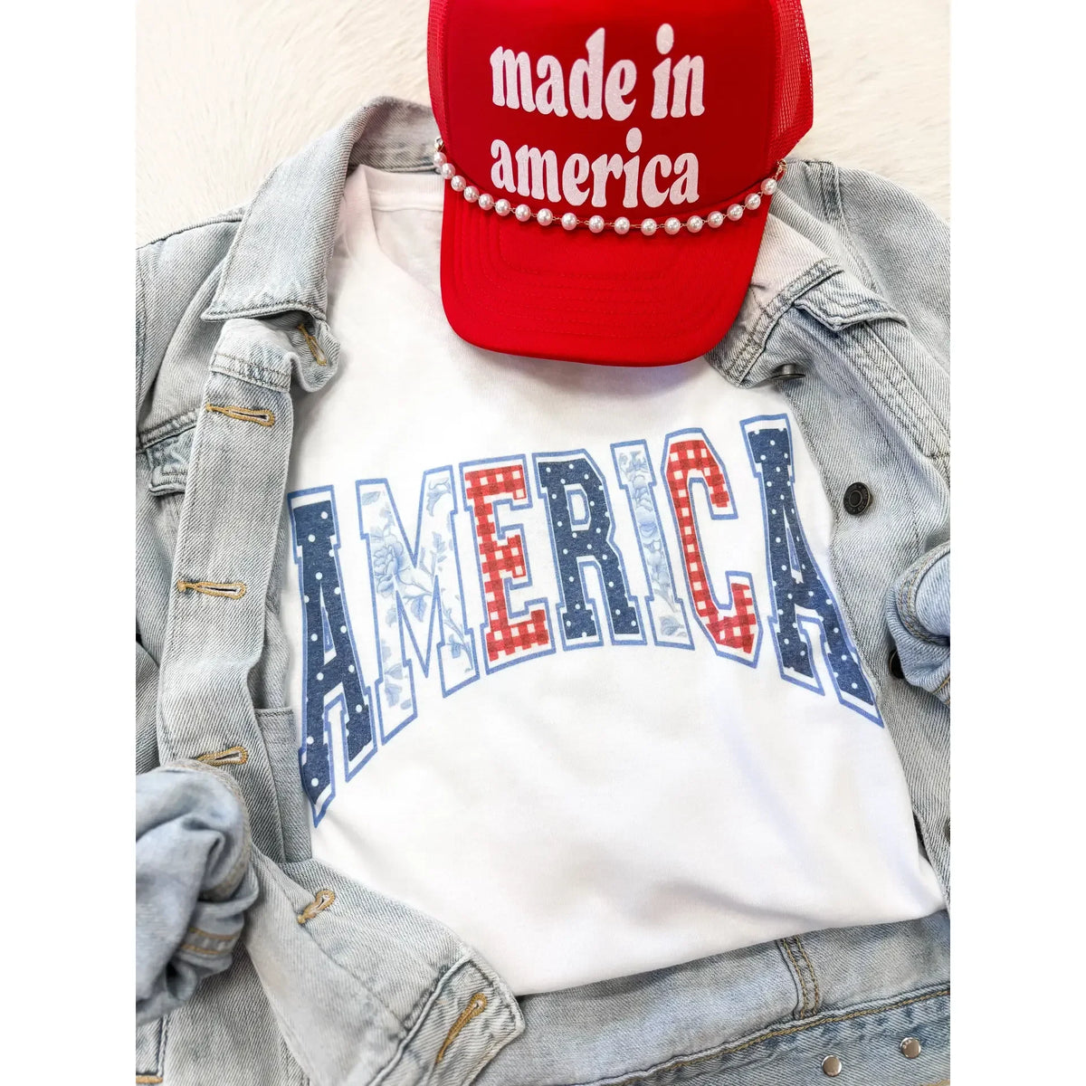 Women's White Short Sleeve "American" Gingham Print T-shirt
