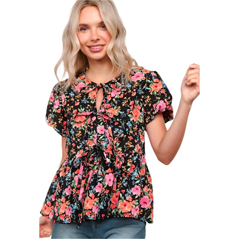 Women's Floral Woven Blouse With Front Ribbon Bow Tie HT4947M - Crazy House Western Wear