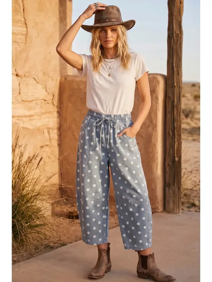 Women's Light Denim Polka Dot Denim Barrel Pants