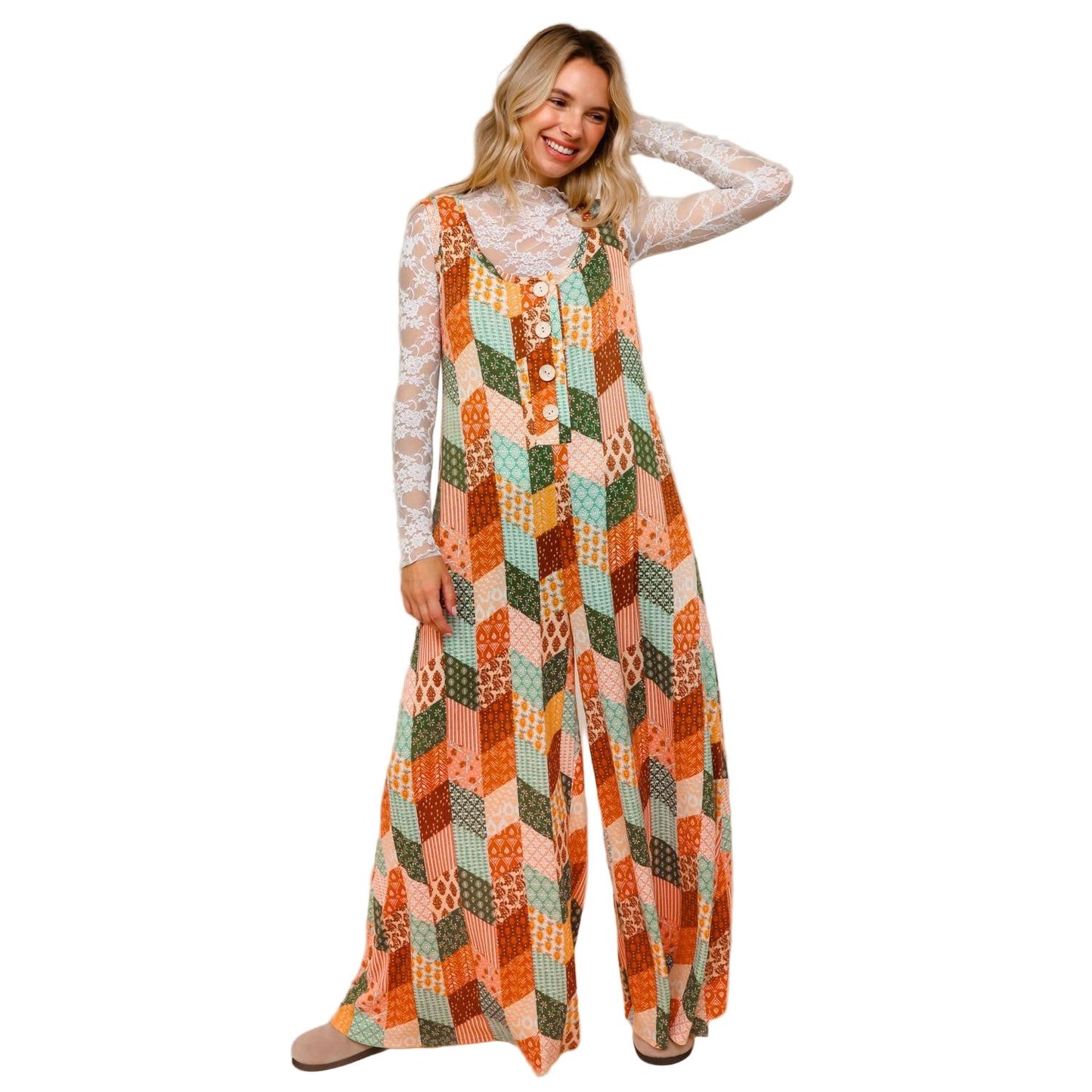 Women's Button Down Loose Jumpsuit W/ Side Pockets HR7222B