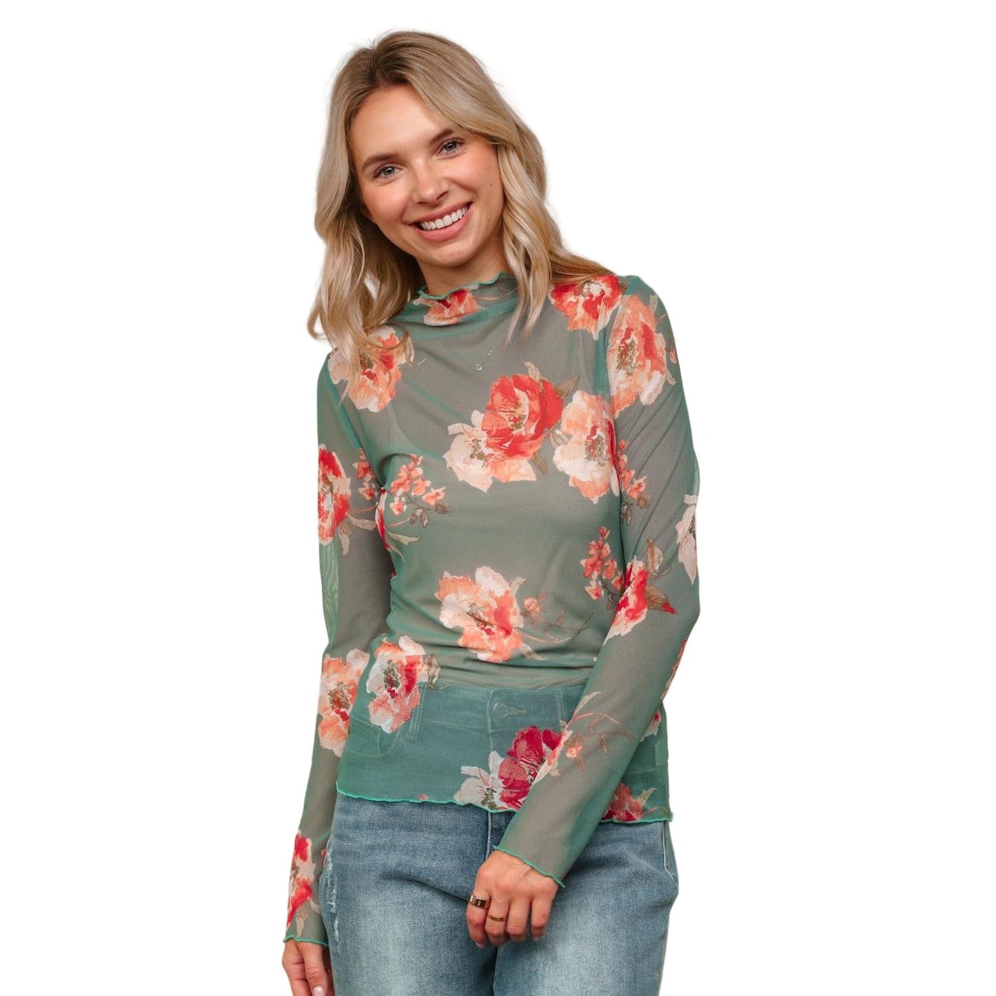 Women's High Neck Semi Sheer Top HT7090C