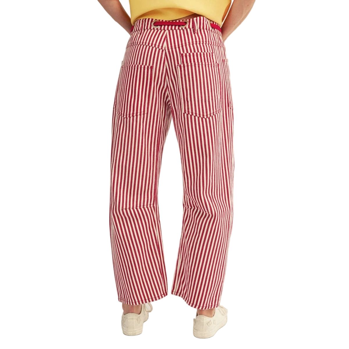 Women's Red Cotton Braid Drawstring Waist Stripe Barrel Pants R7111-4