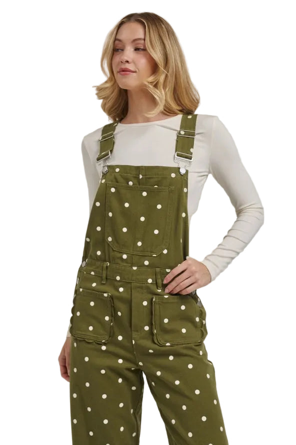 Women's Olive Green Polka Dot Jumpsuit with Scalloped Front