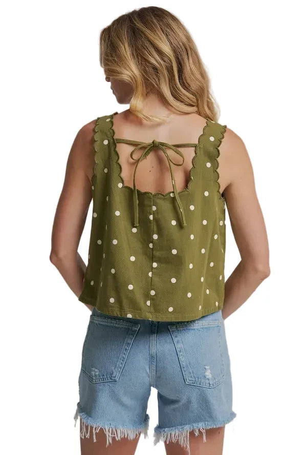Women's Olive/Cream Polka Dot Twill Top with Patch Pocket
