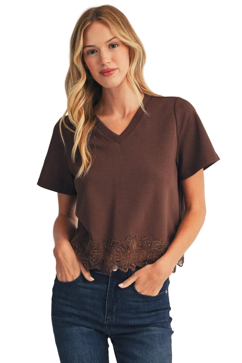 Jodifl Women's Lace Patch Hem Detail Solid Top