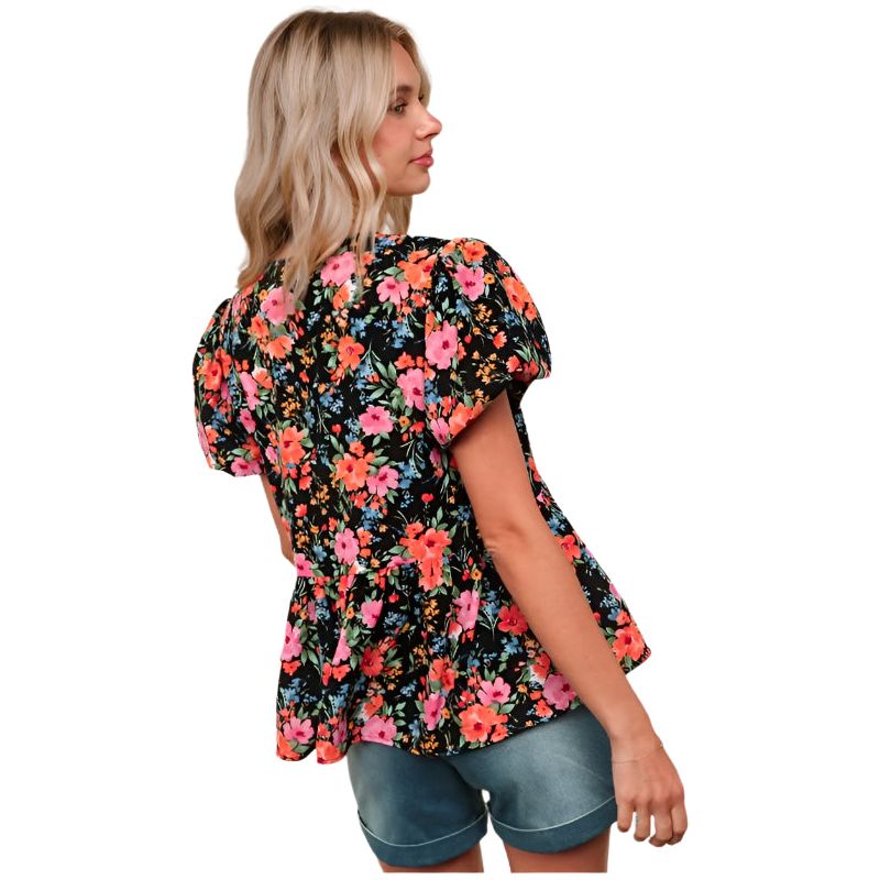 Women's Floral Woven Blouse With Front Ribbon Bow Tie HT4947M - Crazy House Western Wear