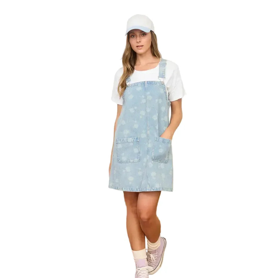 Women's Dandelion Washed Denim Overall Mini Dress TWS1190 L Women's Dandelion Washed Denim Overall Mini Dress TWS1190 L
