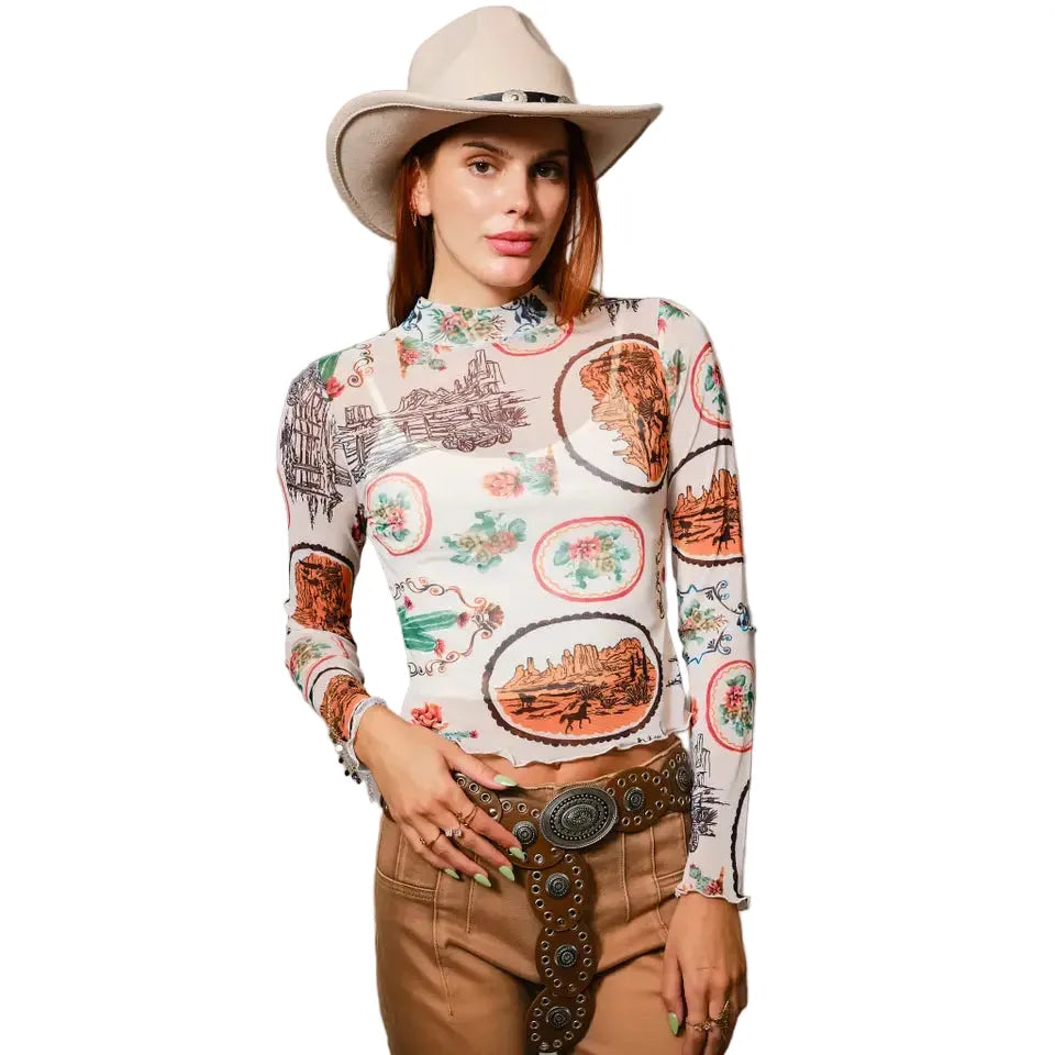 Women's Blue B Western Motif Mesh Mock Neck Long Sleeve Top 33147T