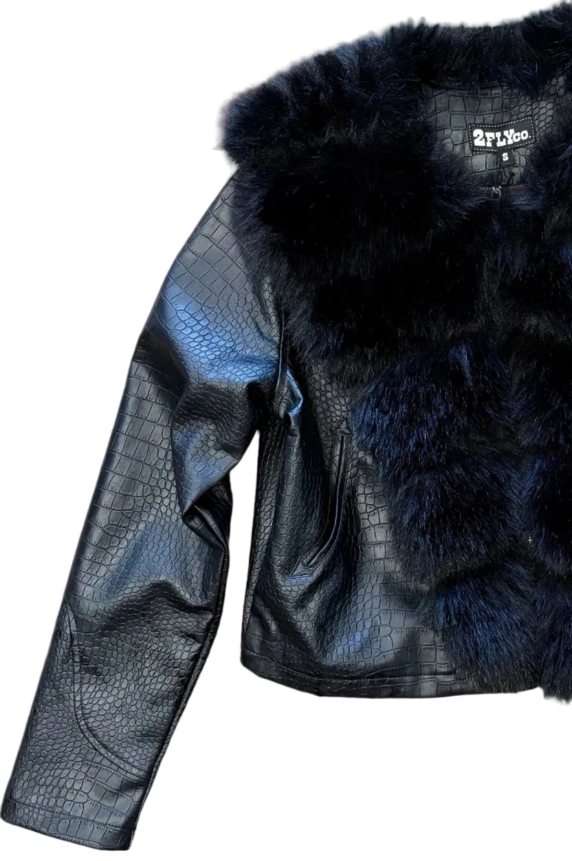 TwoFly Women's Black Fur Crop Jacket