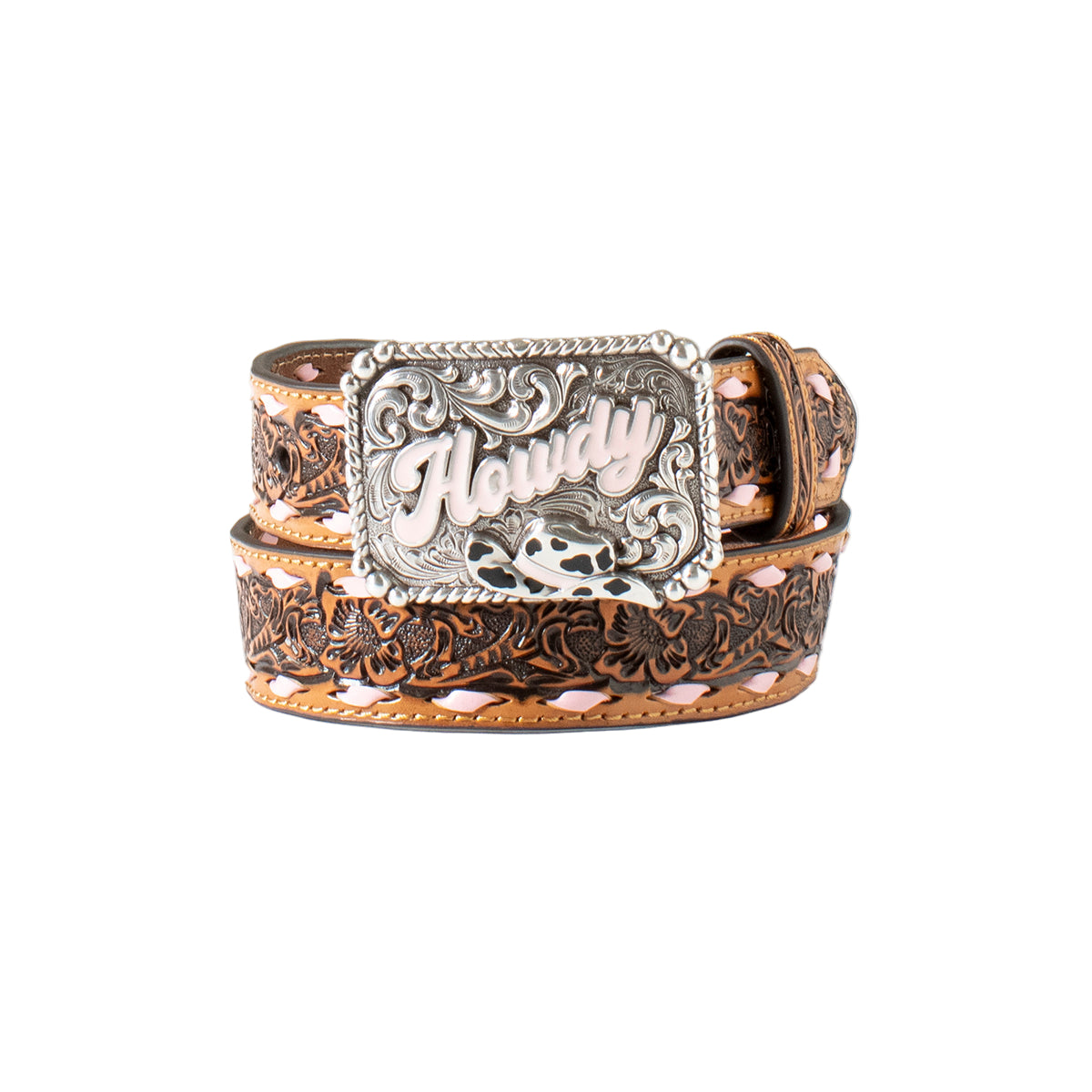 GIrl's Angel Ranch Floral Embossed Howdy Wording On Buckle Leather Belt D130003224