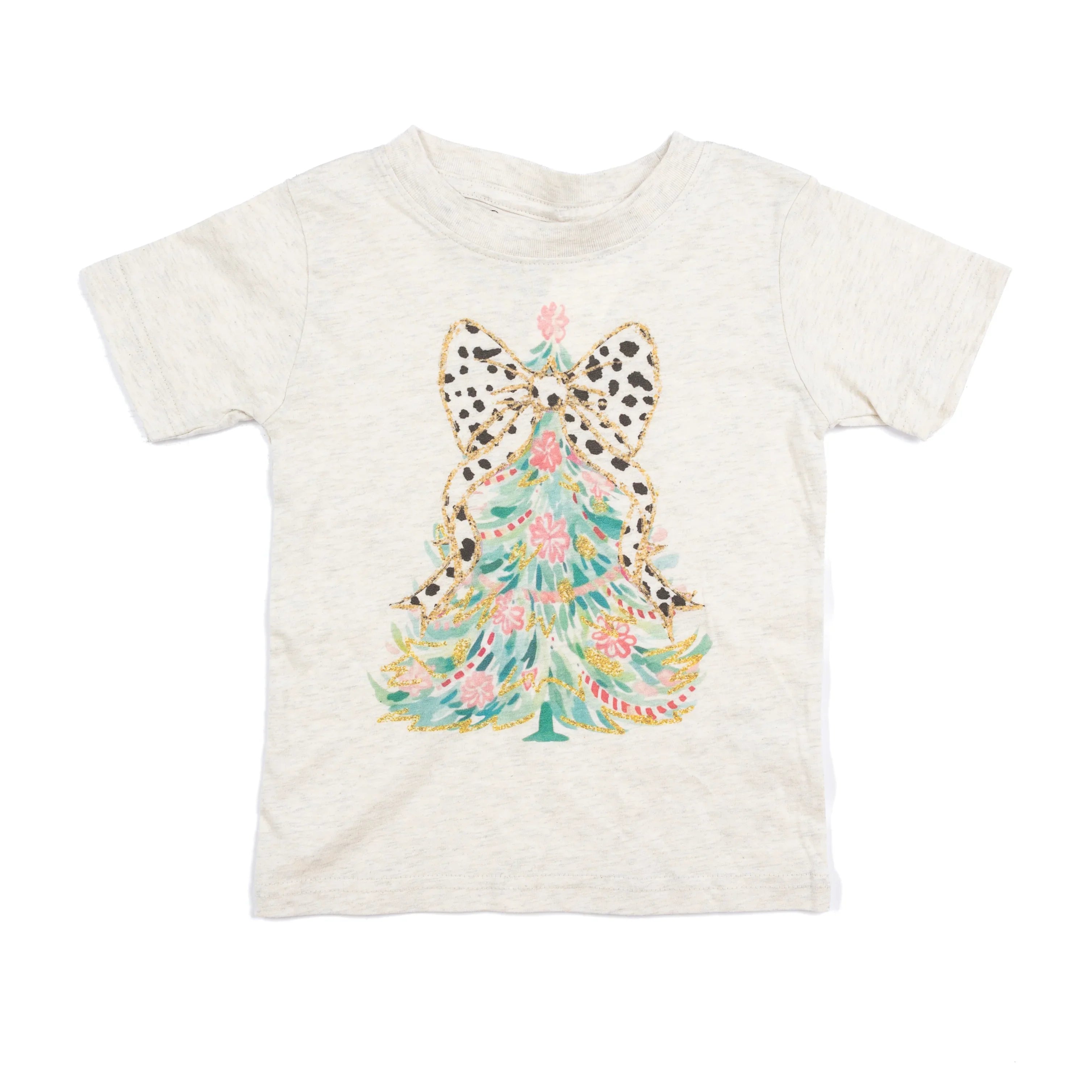 Girl's Beige Dot Bow Christmas Tree Short Sleeve T-shirt