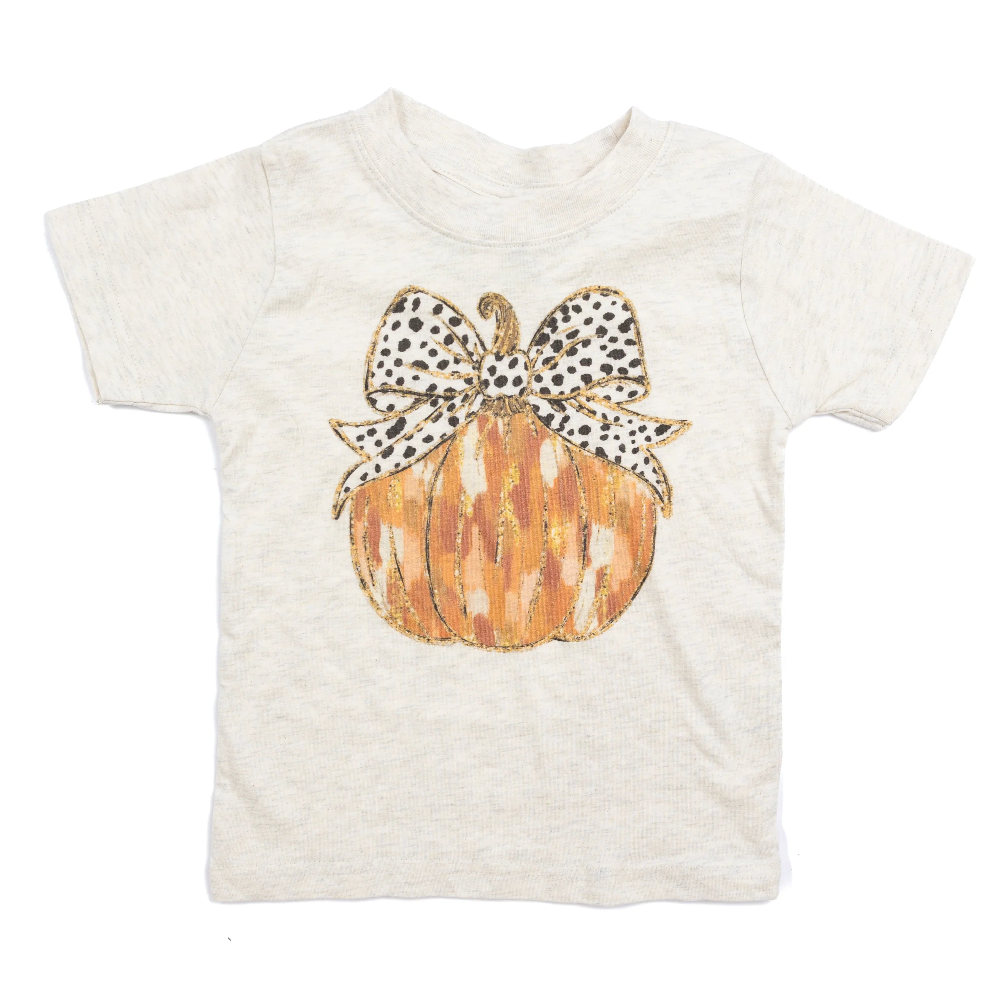 Girl's Beige Dot Pumpkin Bow Short Sleeve T-shirt
