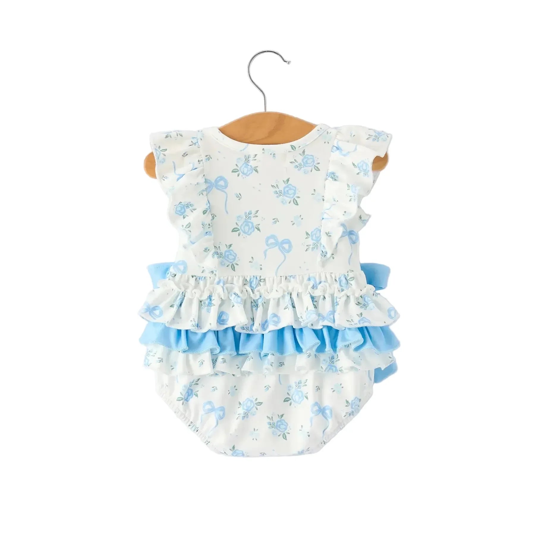 Girl's Blue Floral and Bow Ruffle Onesie