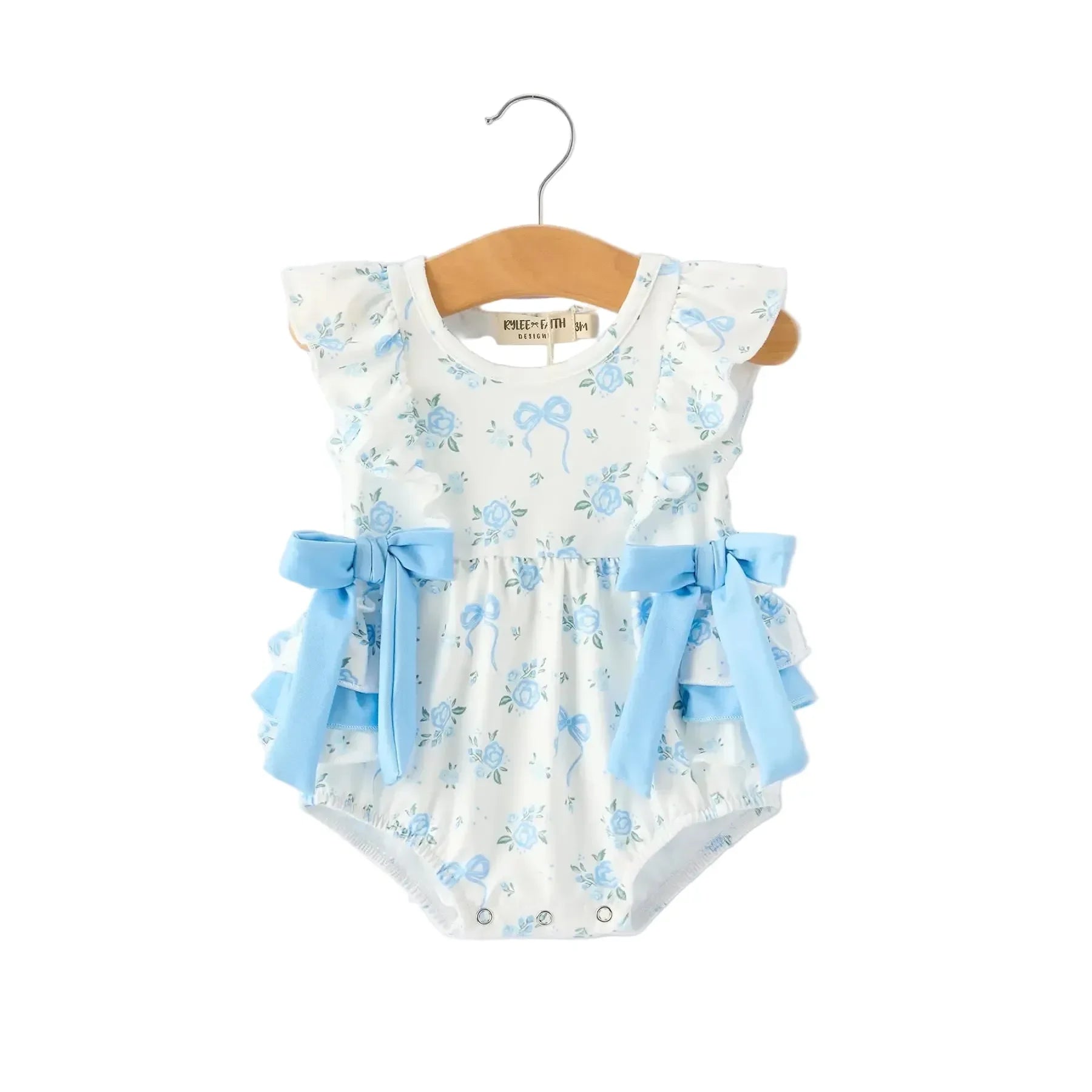 Girl's Blue Floral and Bow Ruffle Onesie