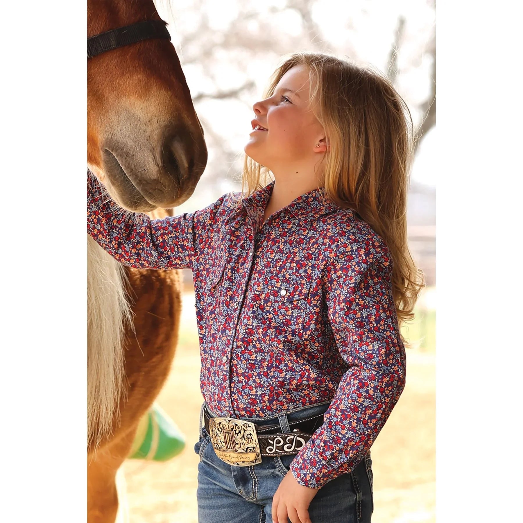 Girl's Cruel Denim Blue Floral Print Snap Shirt CTW3230054