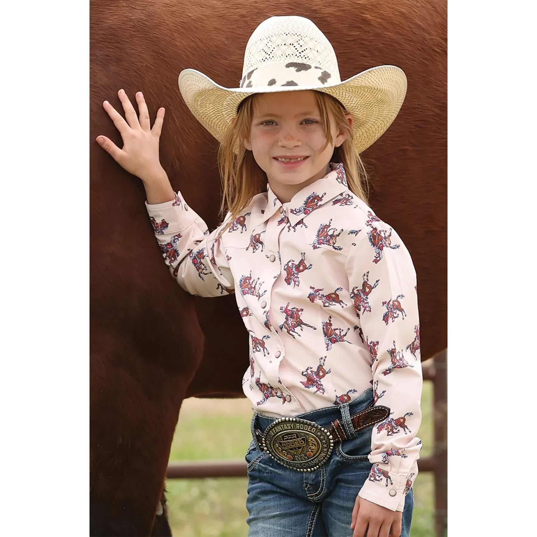 Girl's Cruel Denim Cream Western Print Long Sleeve Snap Shirt CTW8040016