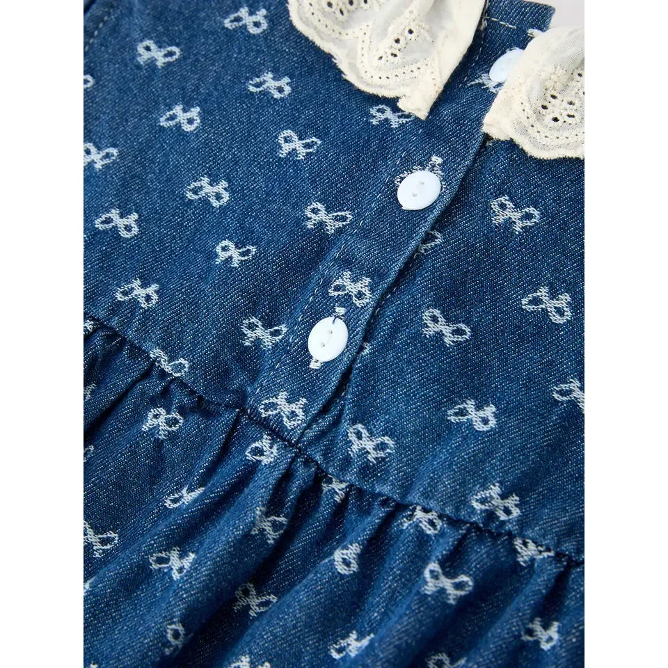 Girl's Denim Bow Print Ruffle Sleeves Eyelet Romper
