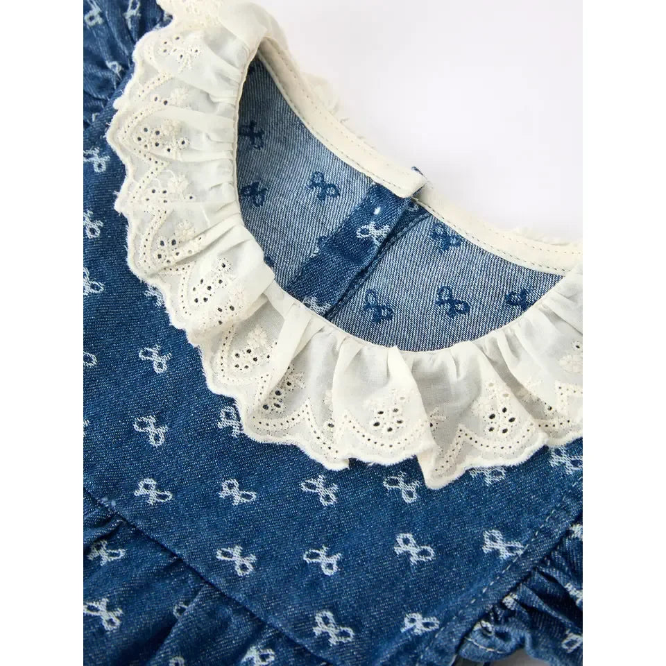 Girl's Denim Bow Print Ruffle Sleeves Eyelet Romper