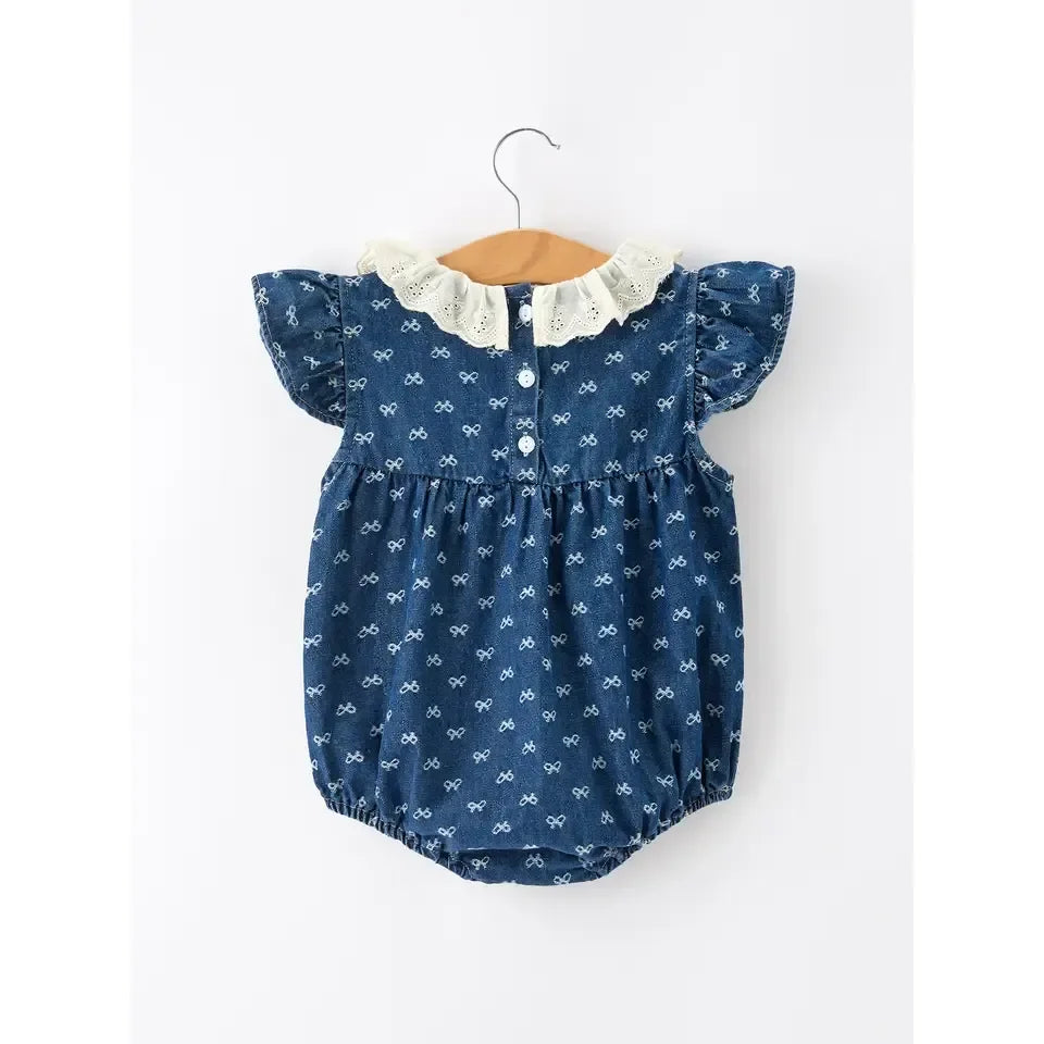 Girl's Denim Bow Print Ruffle Sleeves Eyelet Romper