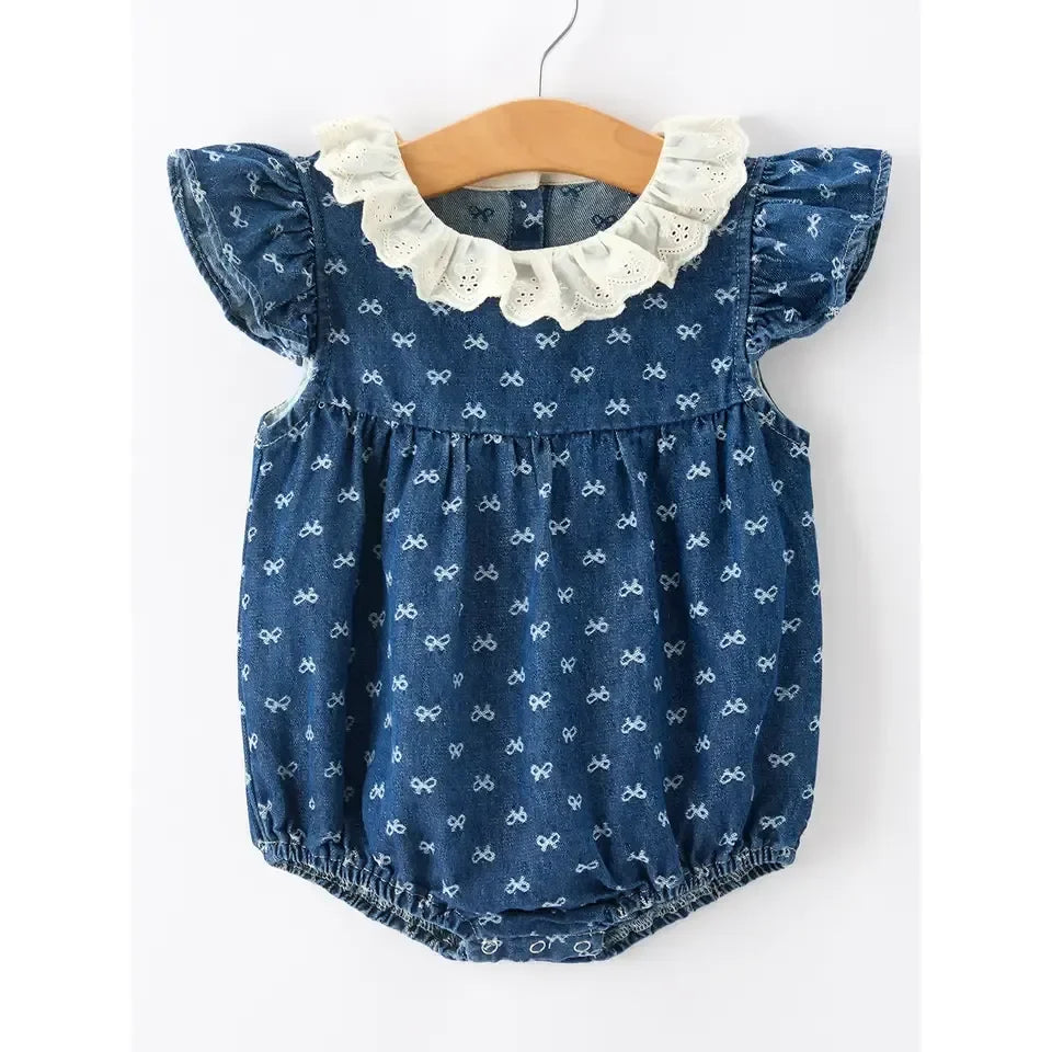Girl's Denim Bow Print Ruffle Sleeves Eyelet Romper