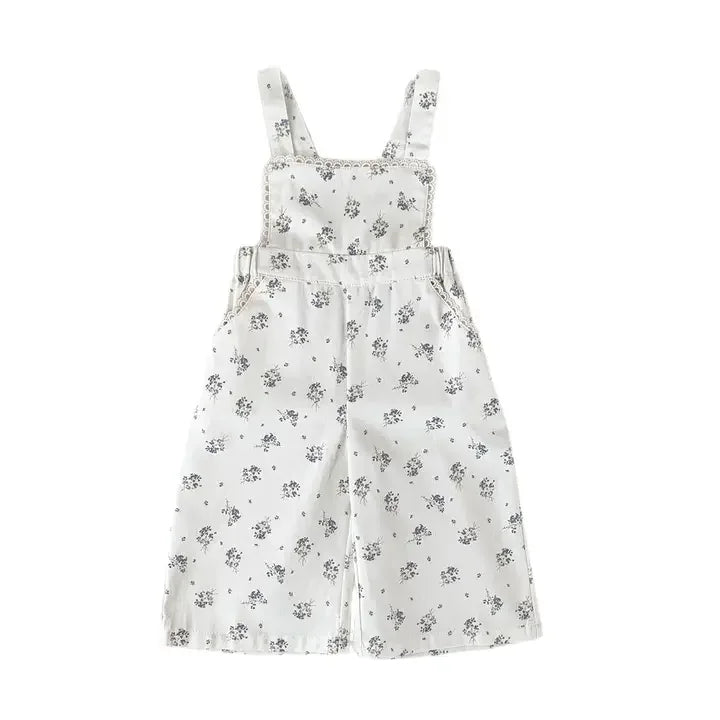 Girl's Floral Print Lace Trim Wide Leg Jumpsuit
