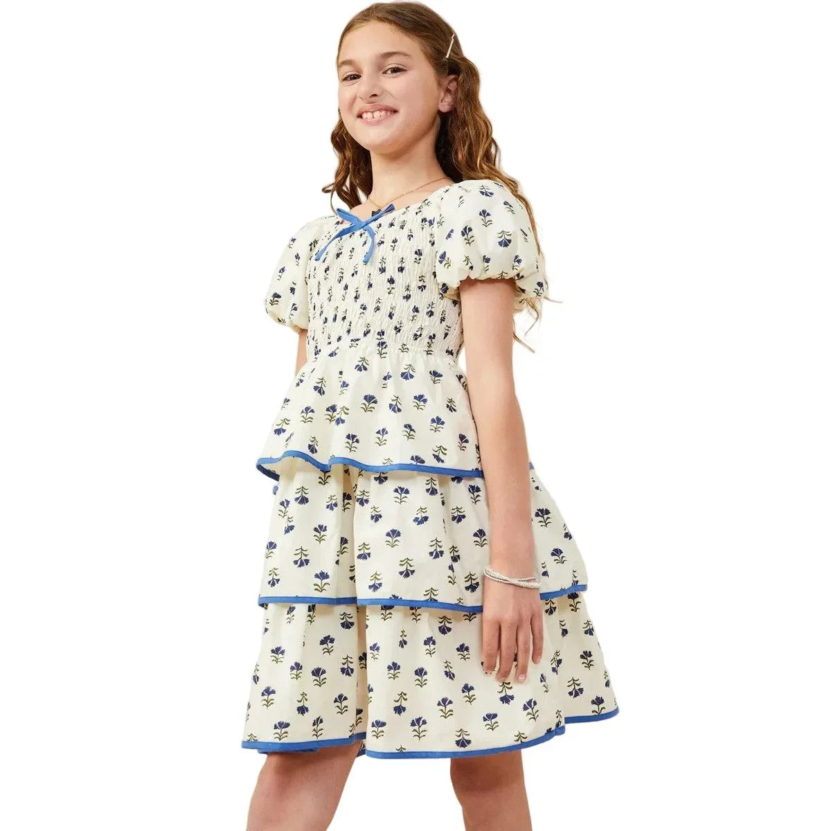 Girl's Hayden Floral Tiered Smocked Contrast Bow Dress GY9535