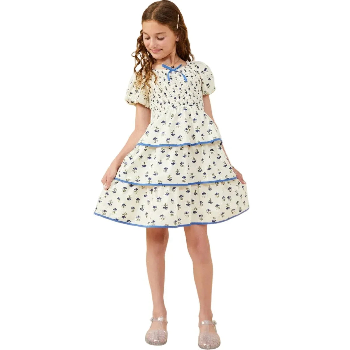 Girl's Hayden Floral Tiered Smocked Contrast Bow Dress GY9535