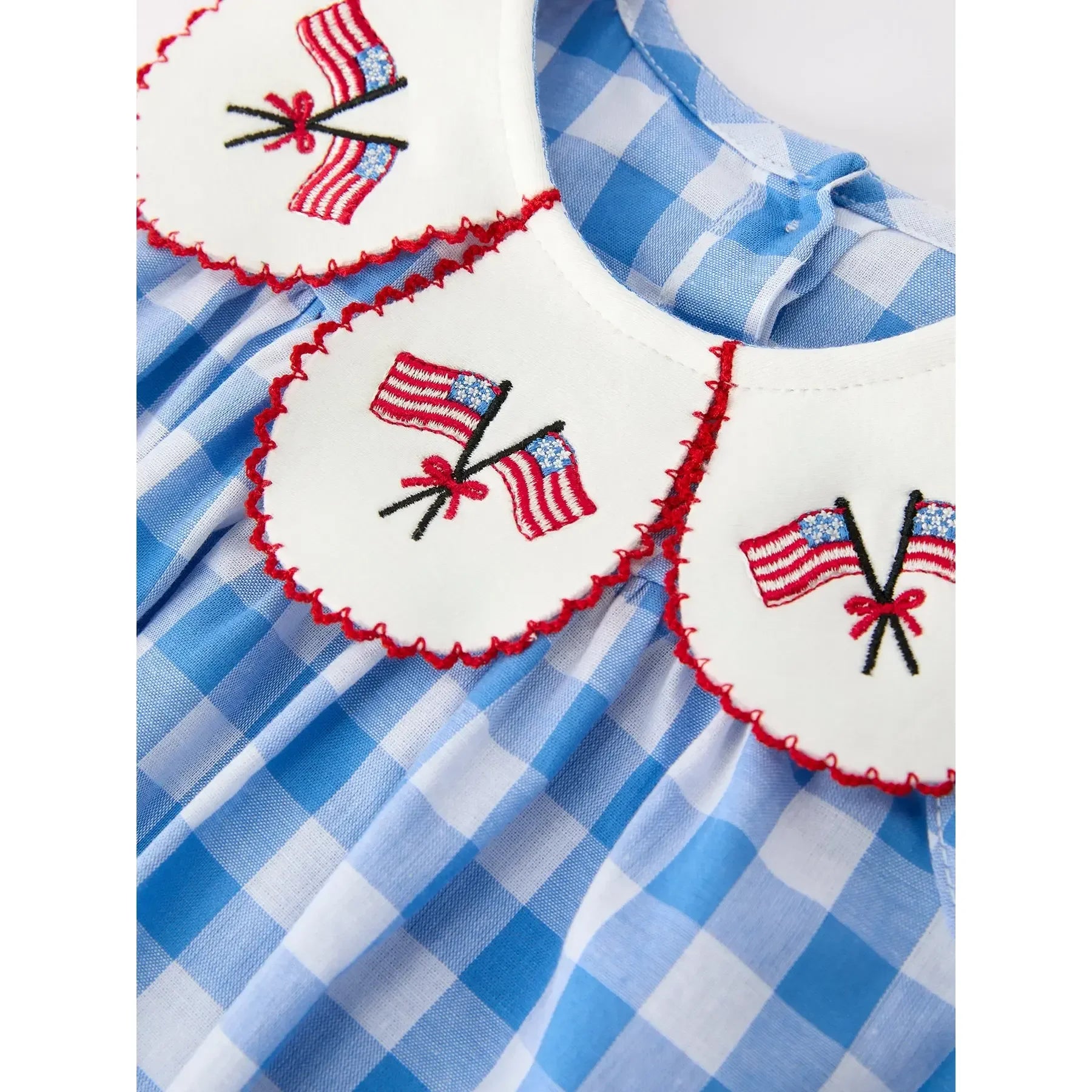 Girl's Infant 4th of July Plaid Romper with Bow Embroidery and Petal Collar RPG60510