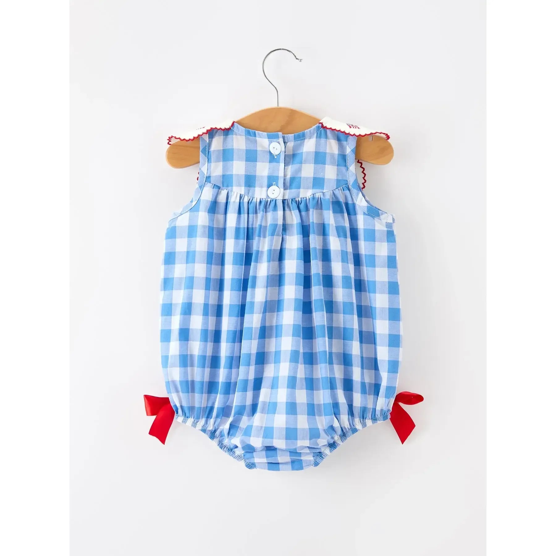 Girl's Infant 4th of July Plaid Romper with Bow Embroidery and Petal Collar RPG60510