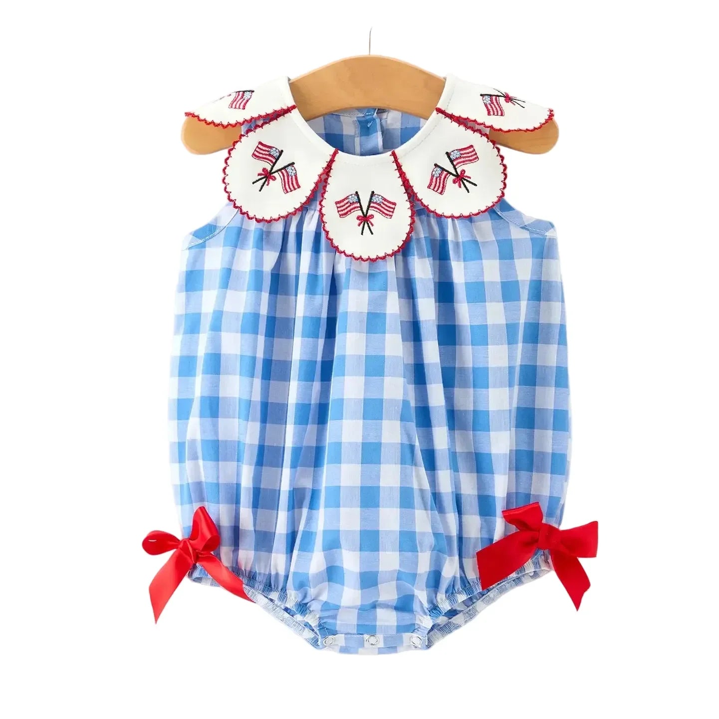 Girl's Infant 4th of July Plaid Romper with Bow Embroidery and Petal Collar RPG60510