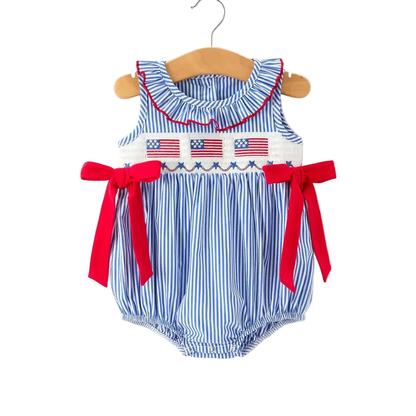 Girl's Infant 4th Of July Romper Bow Smocked Embroidery Onesie RPG60514