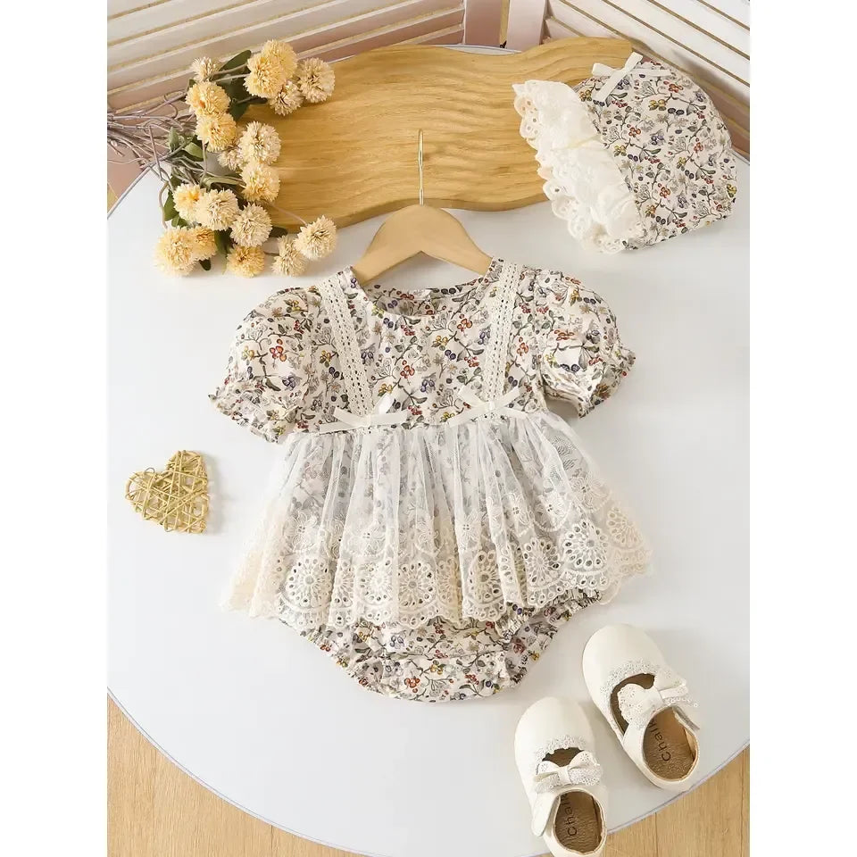 Girl's Infant Floral Lace Romper with Bow Ruffle