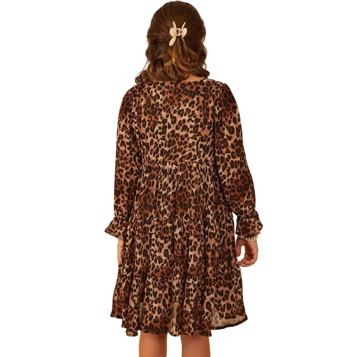 Girl's Leopard Print Cinch Cuff Tiered V Neck Dress GY9036
