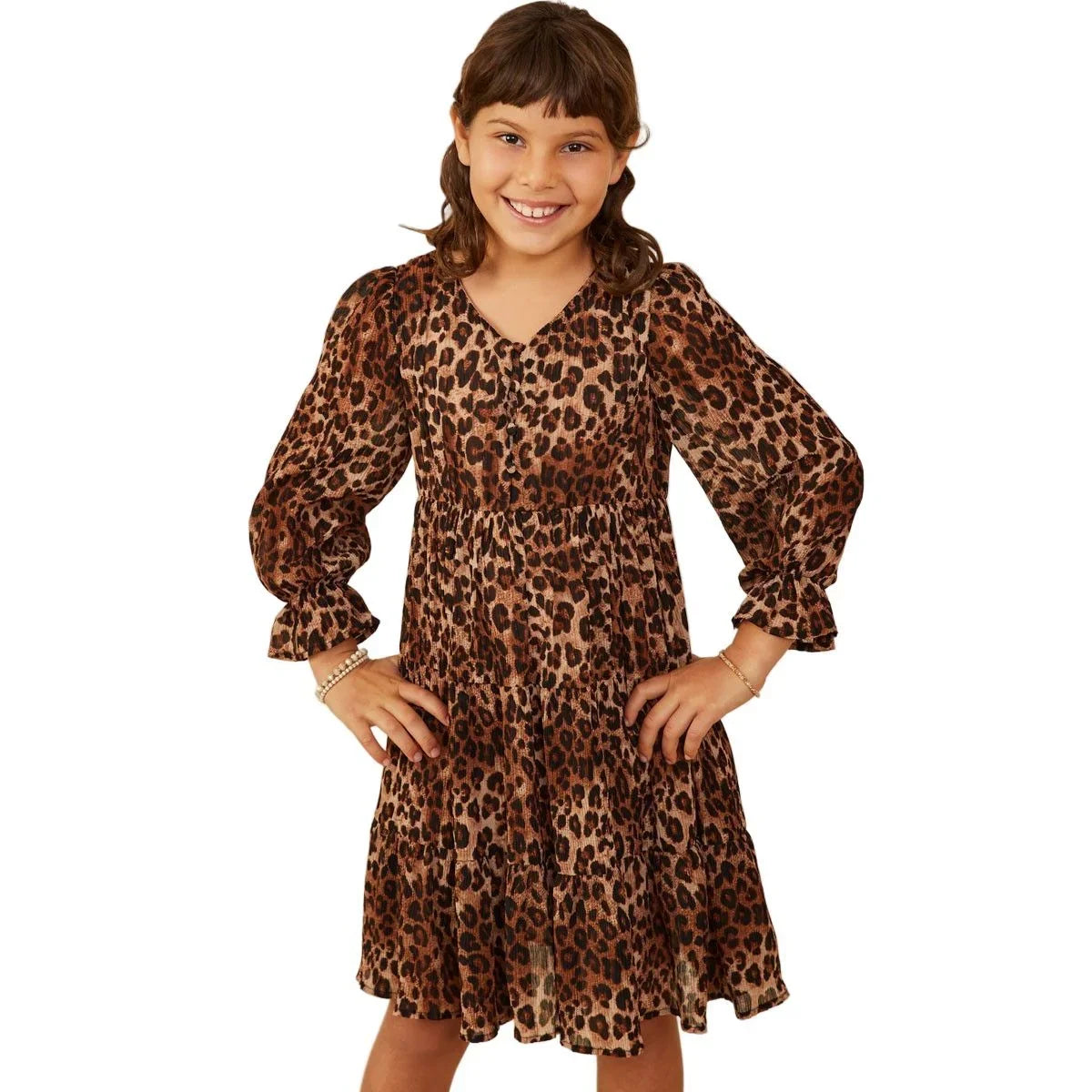 Girl's Leopard Print Cinch Cuff Tiered V Neck Dress GY9036