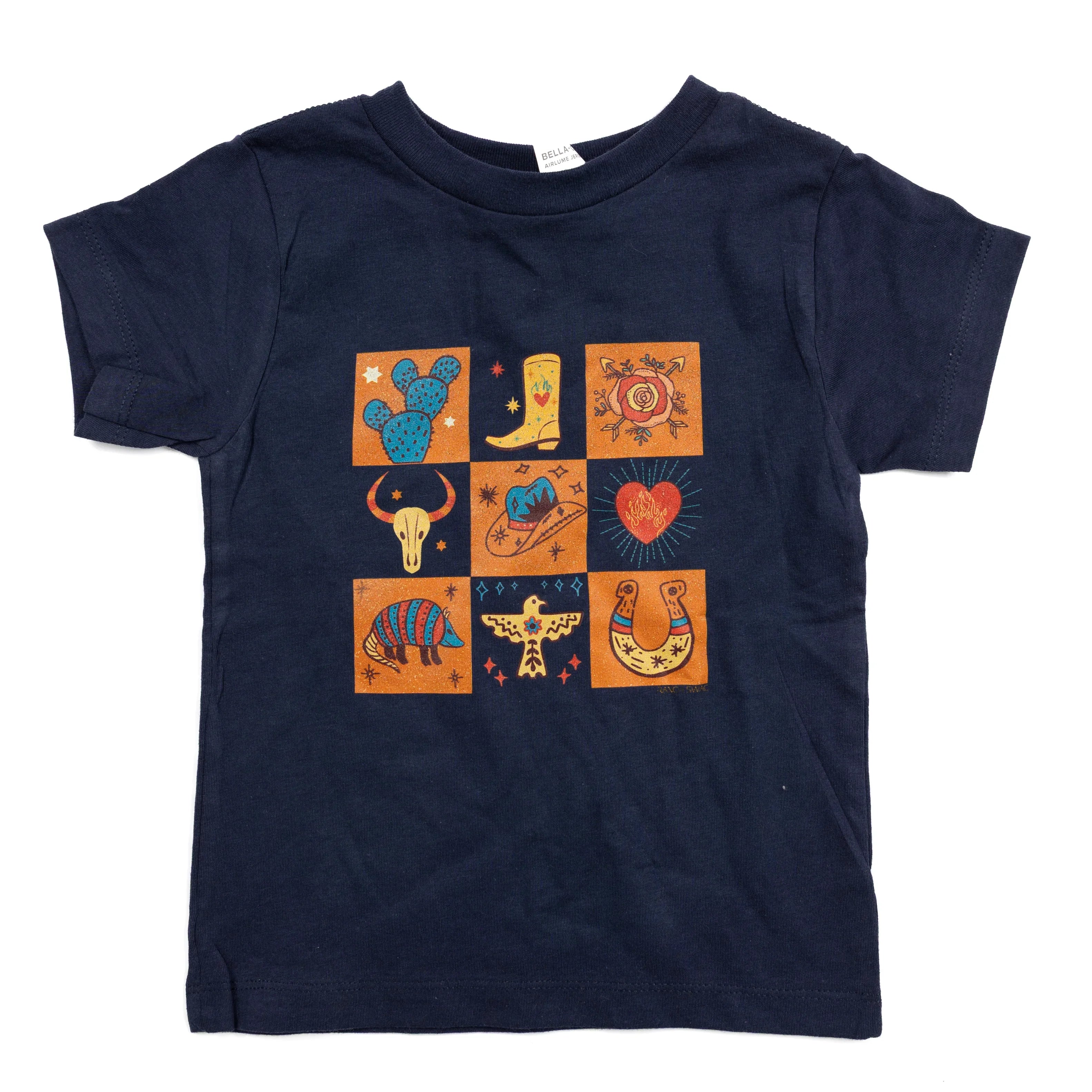 Girl's Navy Western Boho Square Short Sleeve T-shirt