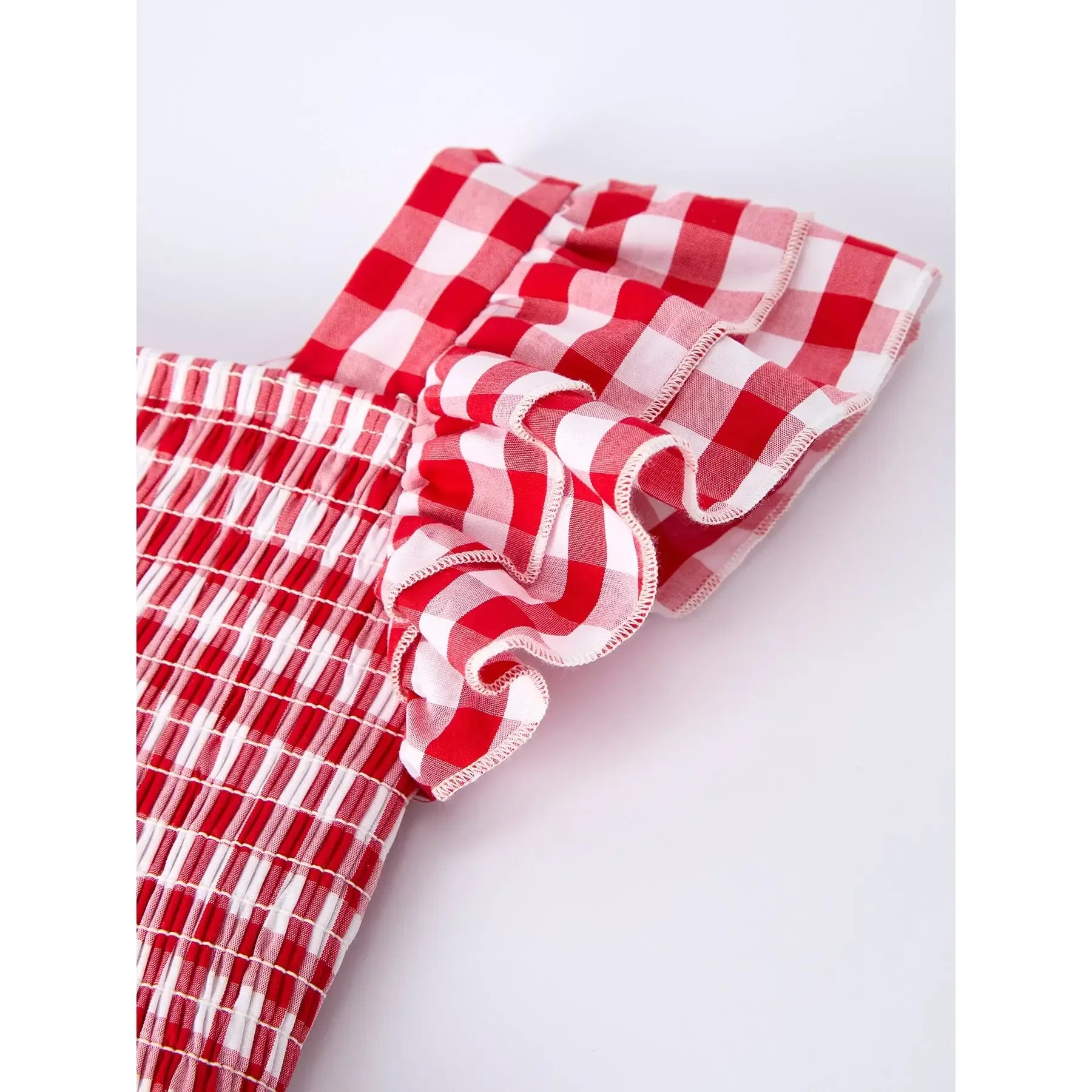 Girl's Red Summer Plaid Smocked Ruffle Dress