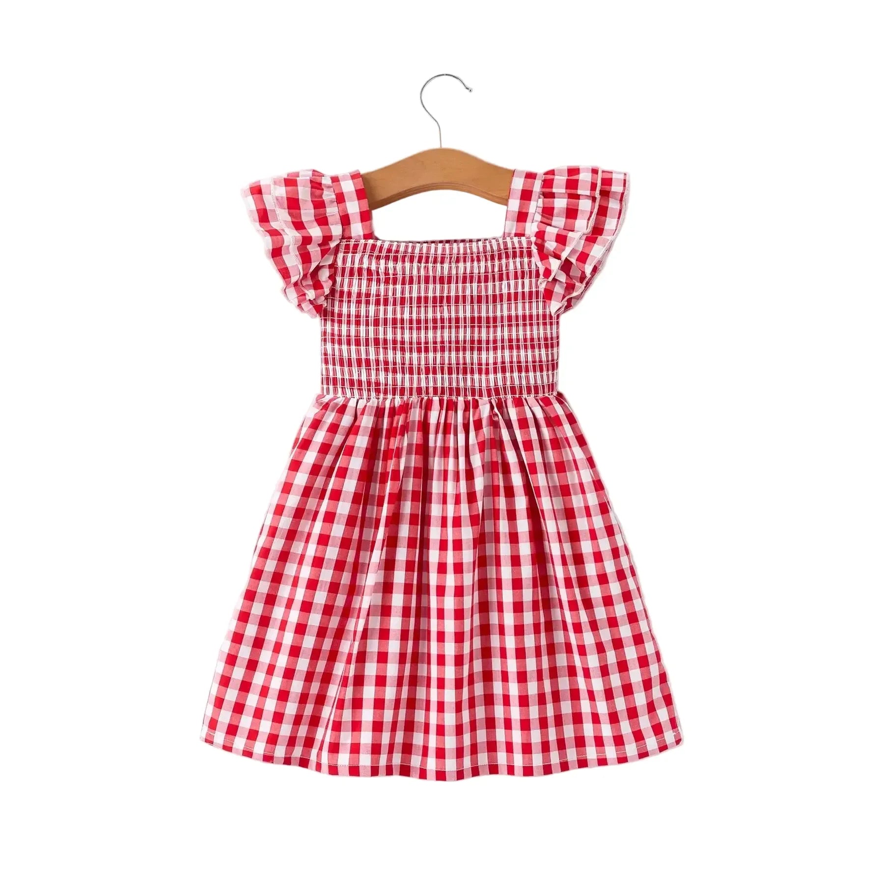 Girl's Red Summer Plaid Smocked Ruffle Dress