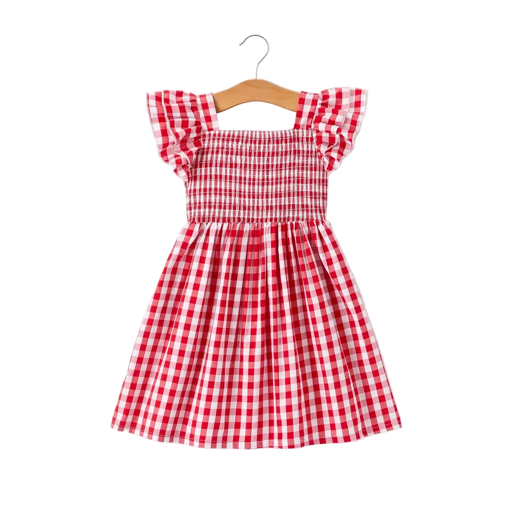 Girl's Red Summer Plaid Smocked Ruffle Dress