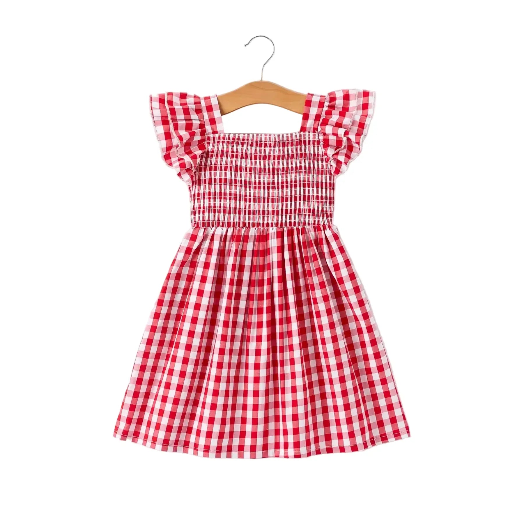 Girl's Red Summer Plaid Smocked Ruffle Dress