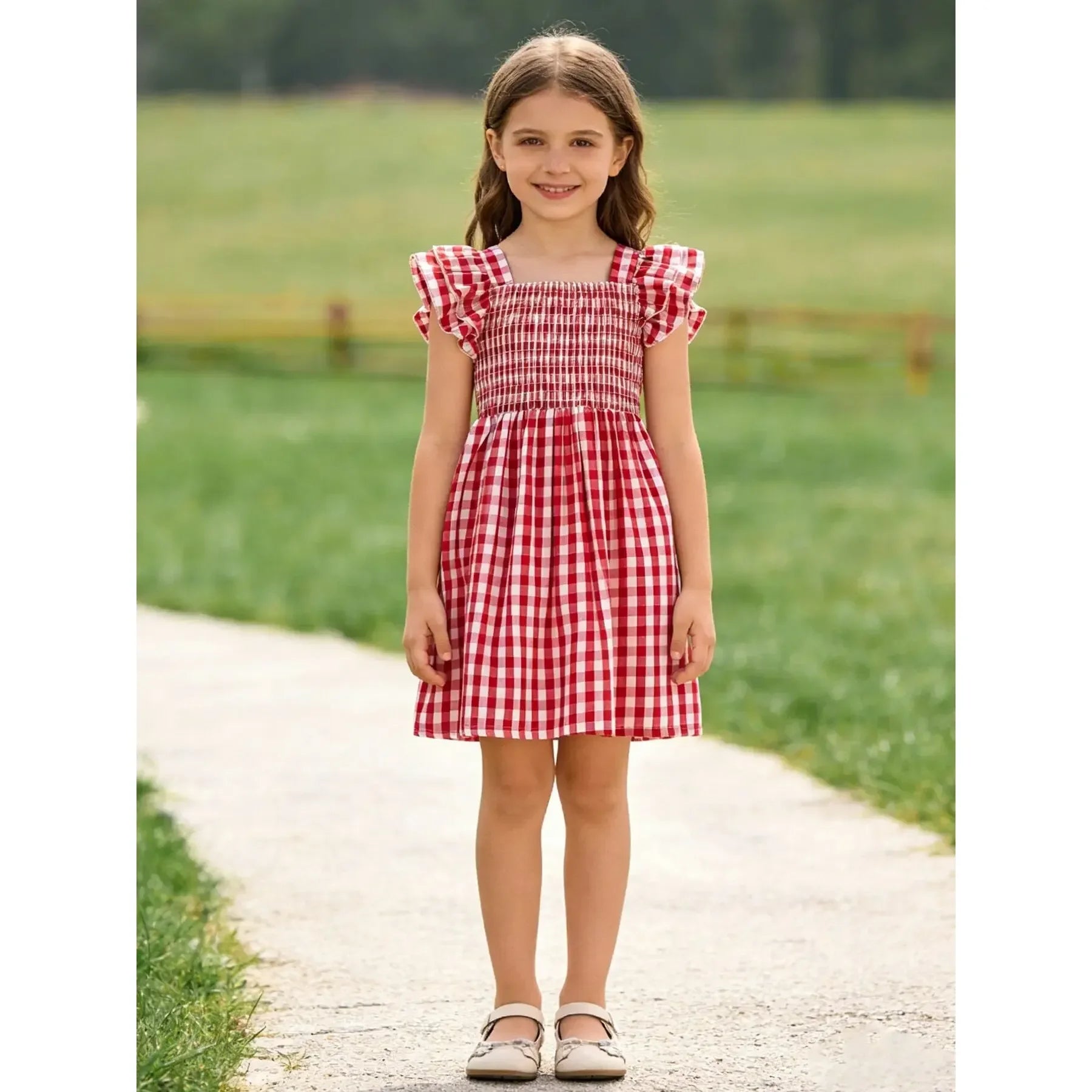 Girl's Red Summer Plaid Smocked Ruffle Dress