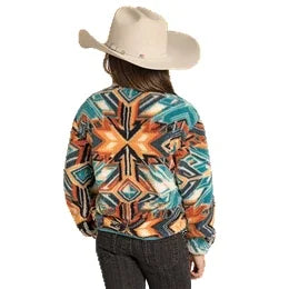 Girl's Rock and Roll Denim Aztec Print 1/4 Zip Jacket BG91C07752