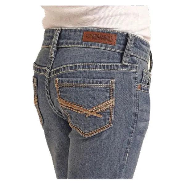 Girl's Rock and Roll Denim Rope Stitch Embroidered Pocket Bootcut Jean BG4MD04242 - Crazy House Western Wear